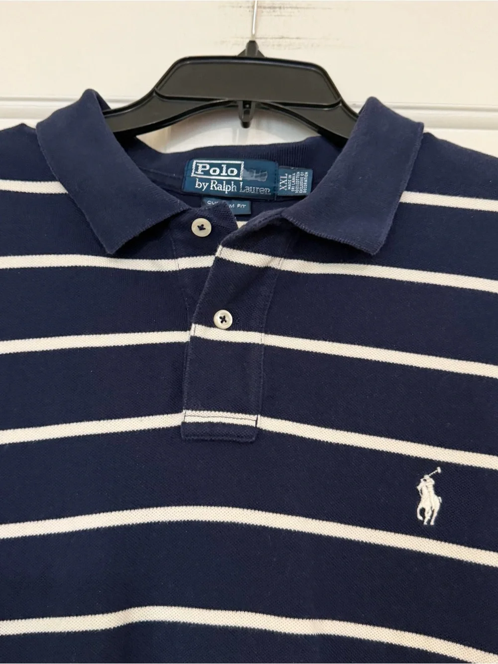 Vintage Polo Ralph Lauren Navy Blue & White Preppy Striped Polo Shirt Size XXL